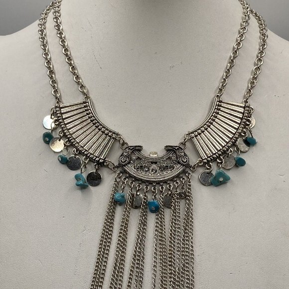 BOHO STYLE COLLAR BIB TURQUOISE CHIPS SILVER TONE 20" Tassel Drop Necklace - Picture 7 of 8